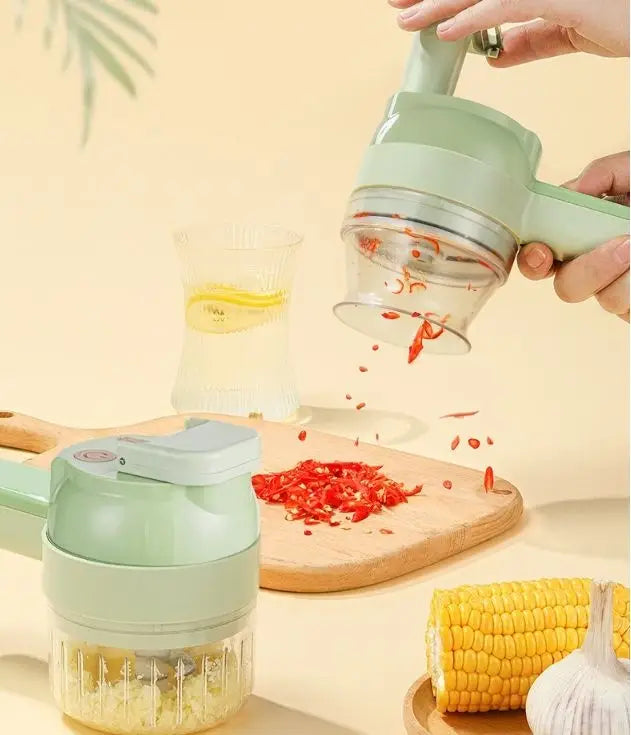 Multipurpose 4 in 1 Handheld Electric Vegetable Cutter Set Portable Wireless Garlic Mud Masher Garlic Press and Slicer Set Multifunctional Electric Mini Food Processor