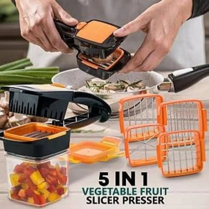 5-in-1 Manual Vegetable Chopper & Dicer | Multi-Function Vegetable Slicer with Interchangeable Blades, Food Container & Storage Box