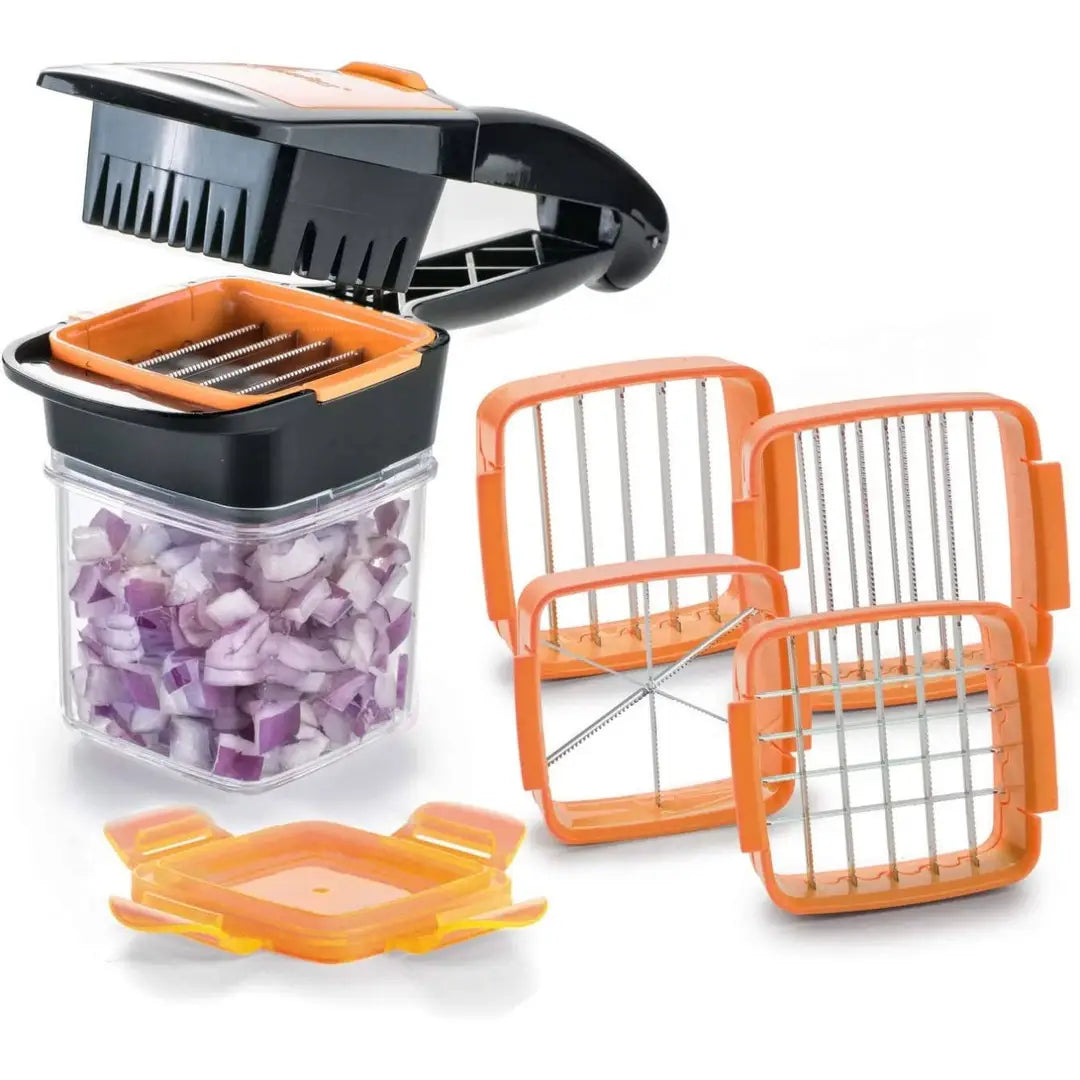 5-in-1 Manual Vegetable Chopper & Dicer | Multi-Function Vegetable Slicer with Interchangeable Blades, Food Container & Storage Box