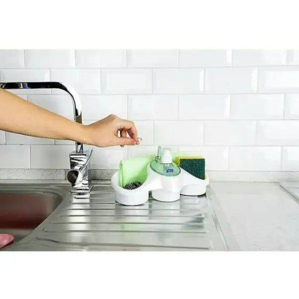 3-in-1 Soap Dispenser with Sponge Holder – Kitchen Sink Organizer with Liquid Soap Pump – Dish Wash Soap Box & Scrubber Stand